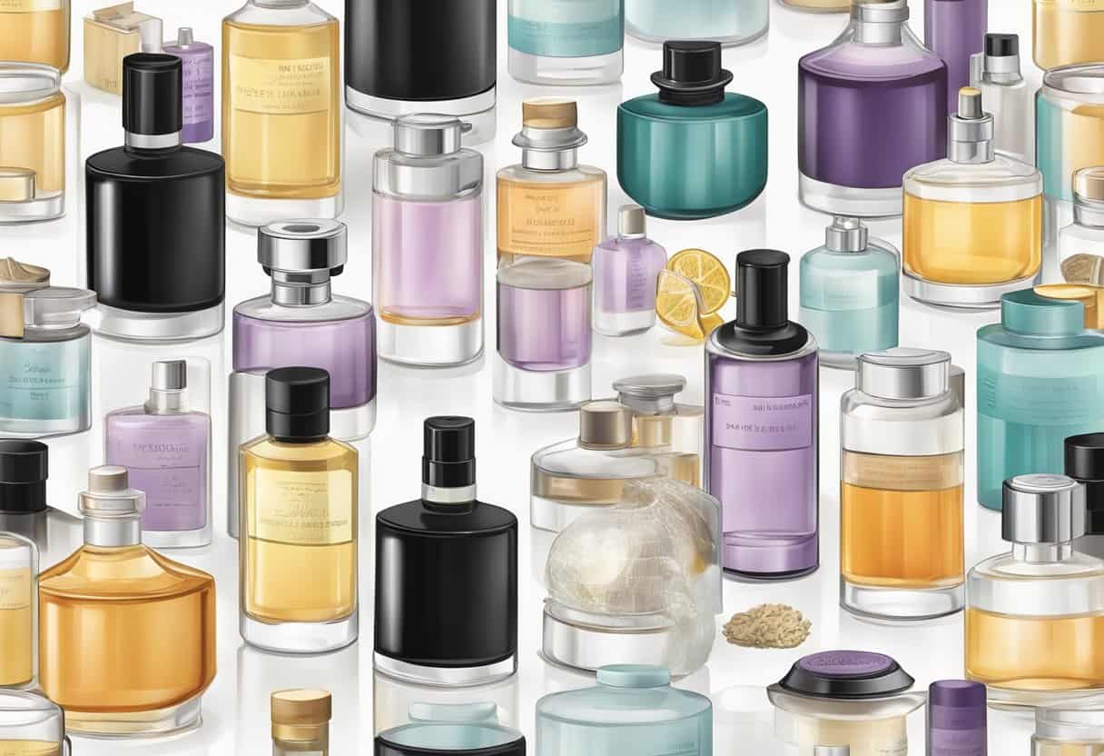 A table displaying various fragrance bottles with regulatory labels and ingredient lists. A magnifying glass hovers over the fine print