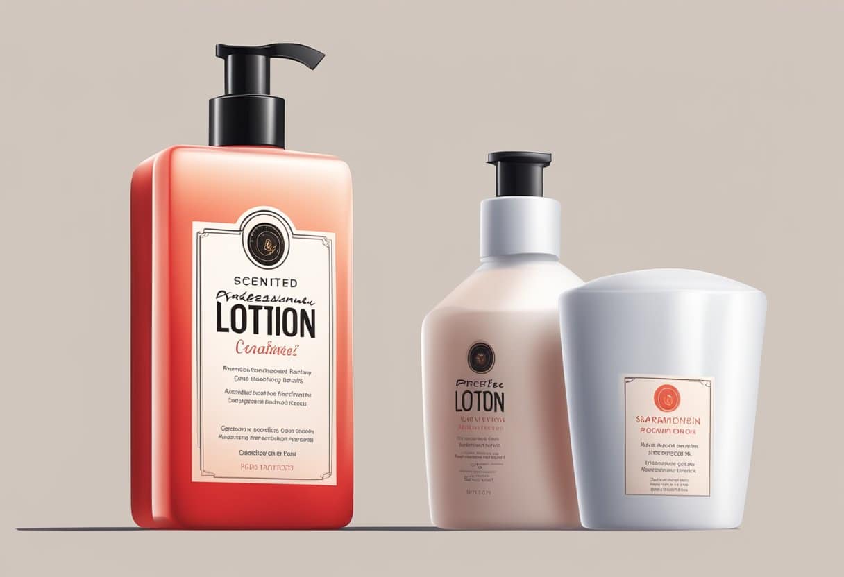 A bottle of fragrance-free lotion next to a bottle of scented lotion, with a red warning symbol over the scented bottle